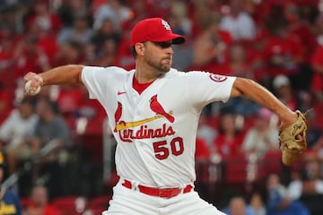 ST LOUIS, MO - SEPTEMBER 28: Adam Wainwright #50 of the St. Louis Cardinals pitches against the Milwaukee Brewers in the first inning at Busch Stadium on September 28, 2021 in St Louis, Missouri.   Dilip Vishwanat/Getty Images/AFP == FOR NEWSPAPERS, INTE