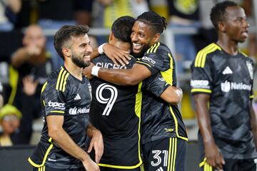 Columbus Crew forward Cucho Hernandez (9) celebrates with defender Steven Moreira (31) 